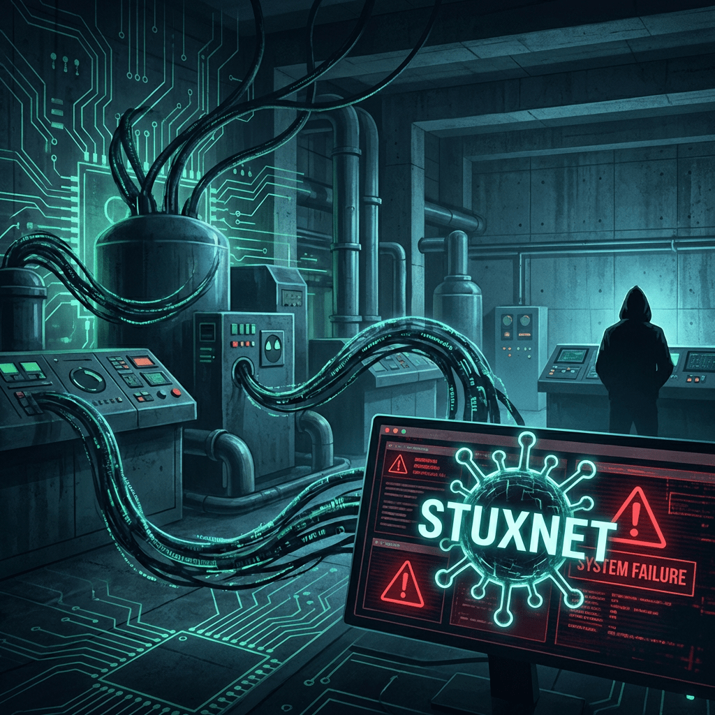 Industrial room with monitor displaying STUXNET and SYSTEM FAILURE during a cyberattack.