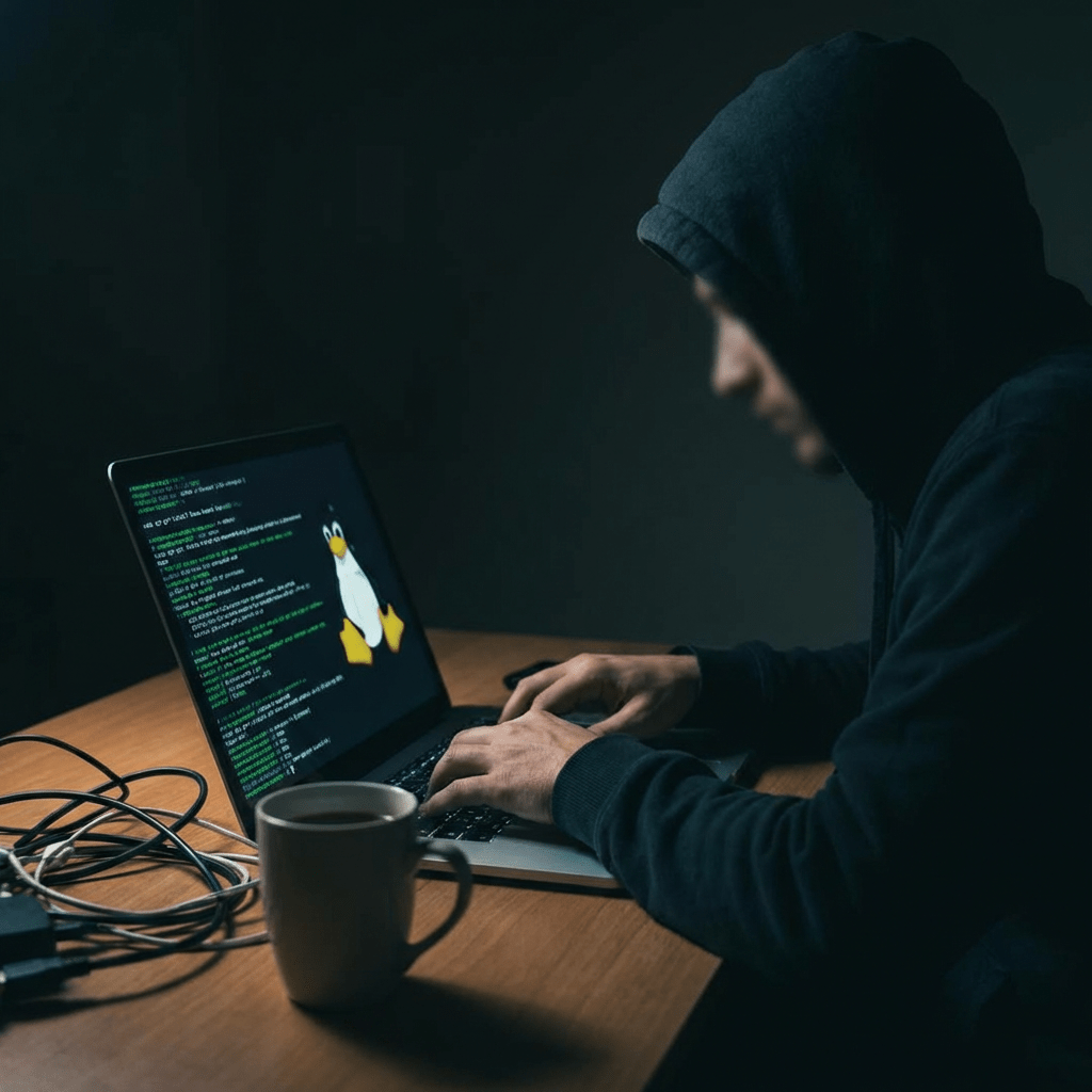 A person in a hoodie typing on a laptop featuring Linux code and logo.