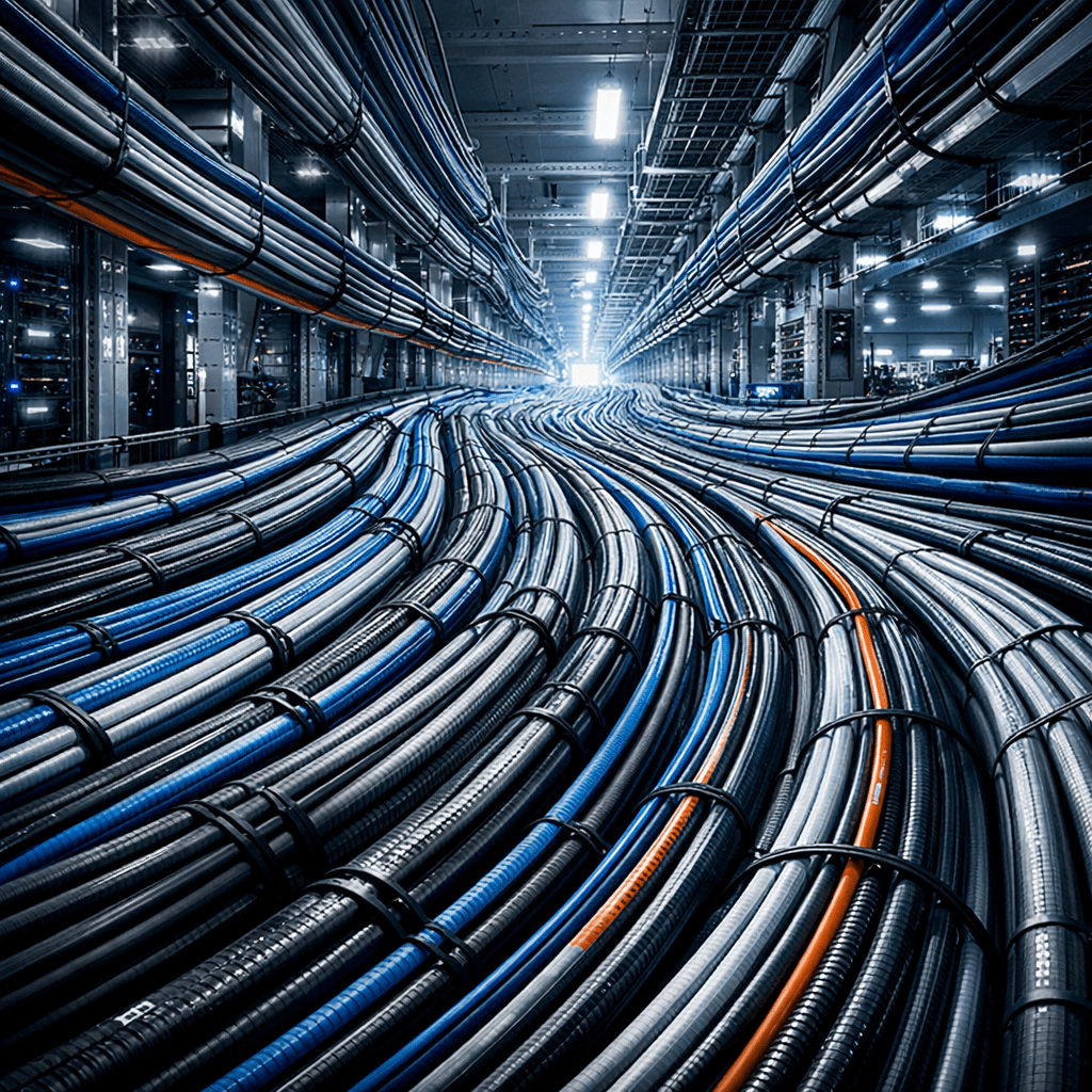 Bundles of black, blue, and orange network cables neatly bundled running through a large data center hallway