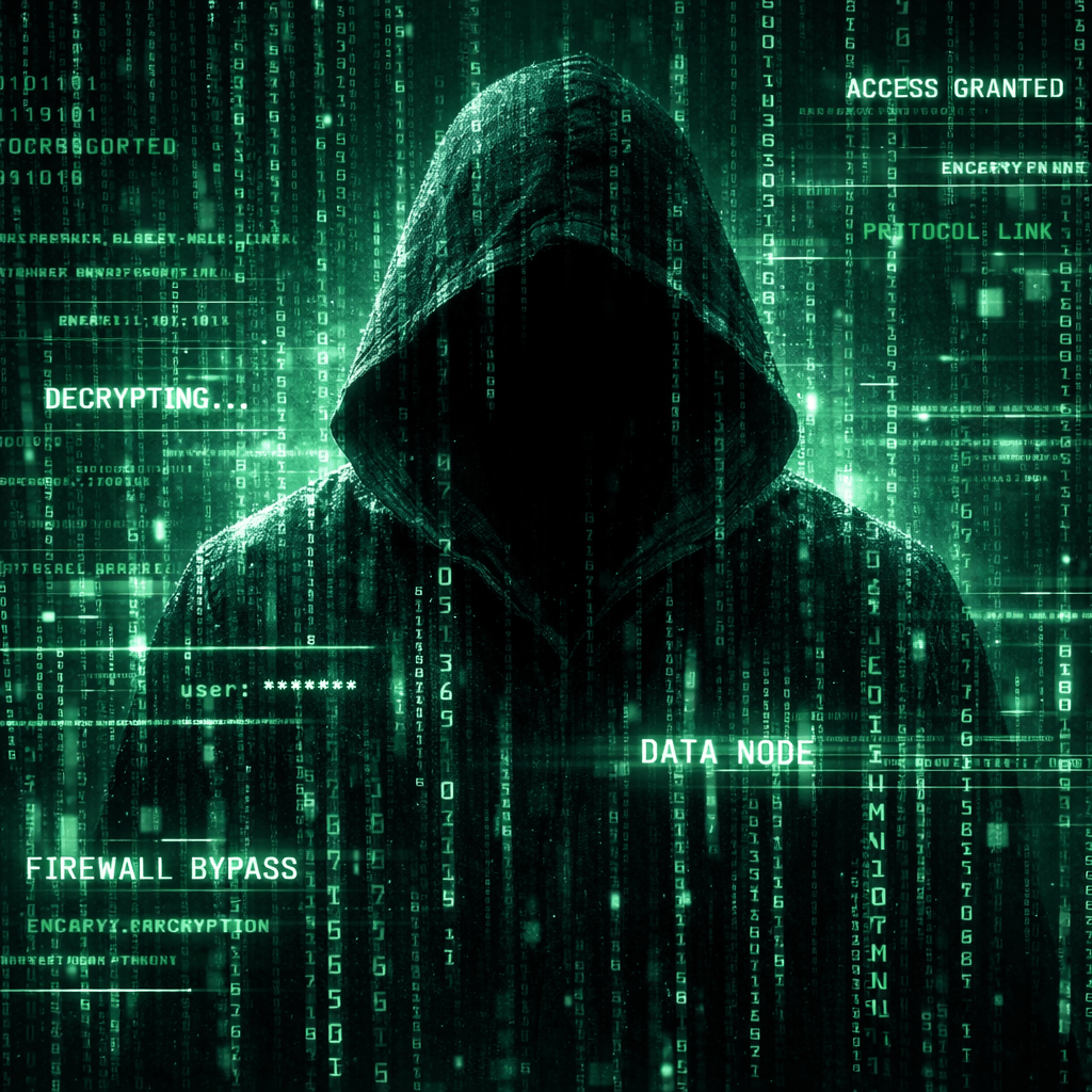 Hooded figure surrounded by green encrypted code and cybersecurity terms