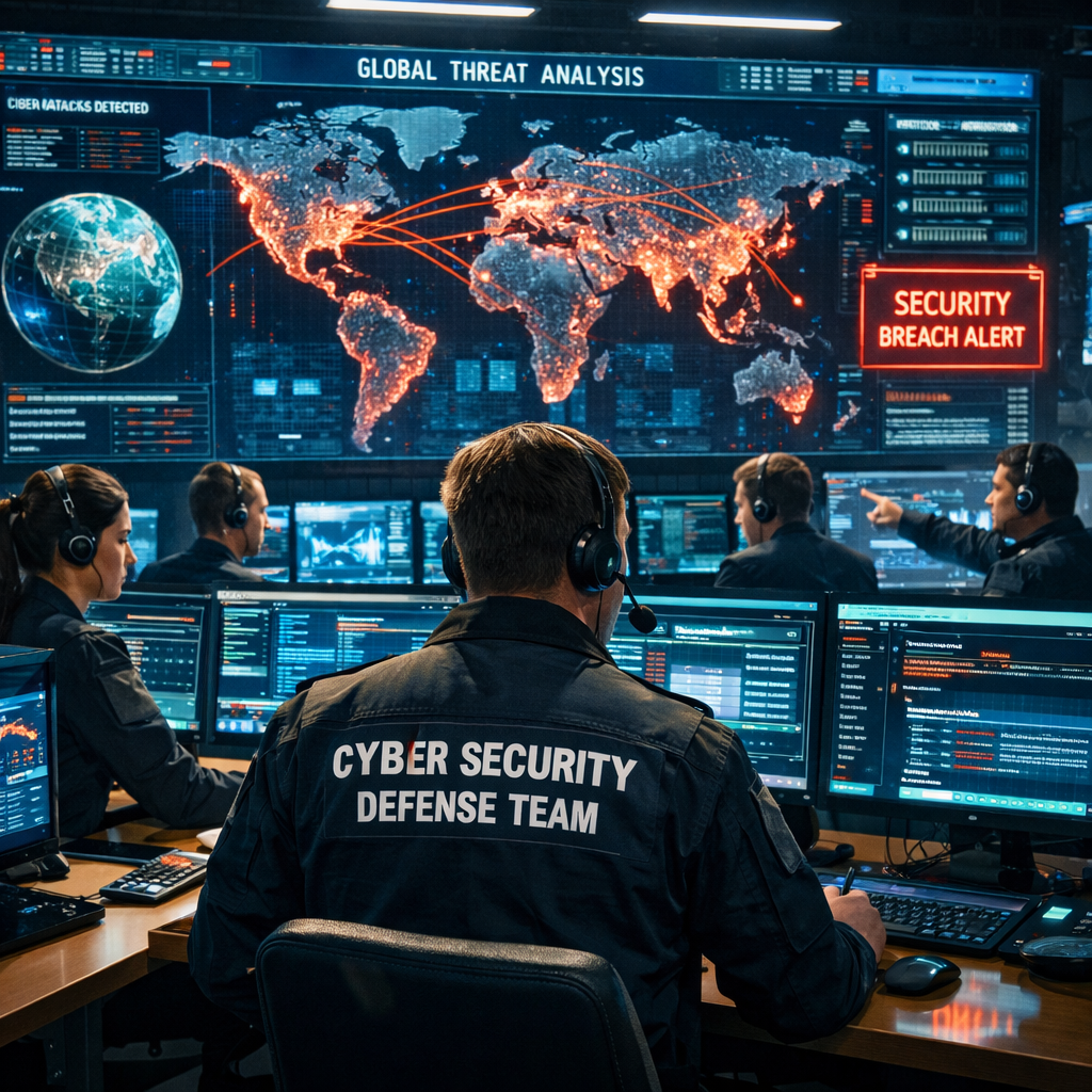 Cybersecurity defense team members work at multiple monitors with global cyberattack map and breach alert