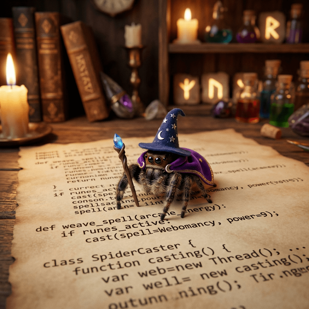 Small spider wearing wizard hat and cloak holding glowing staff on parchment with code