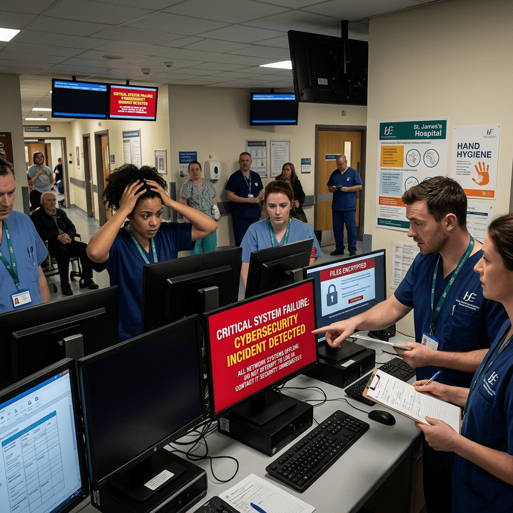 Medical staff in hospital urgently responding to critical cybersecurity failure alerts on computer screens