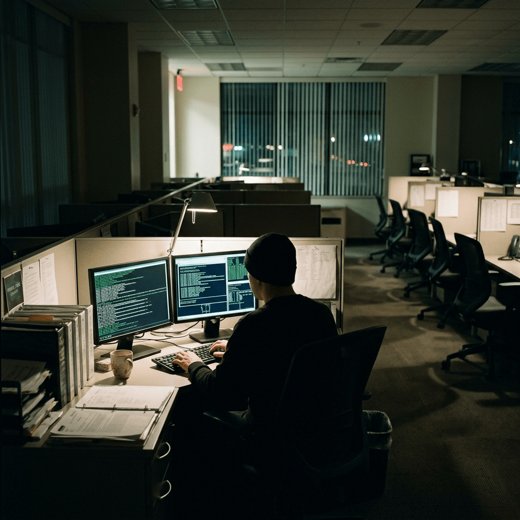 Person wearing a beanie working on two monitors displaying code in a dark office cubicle at night