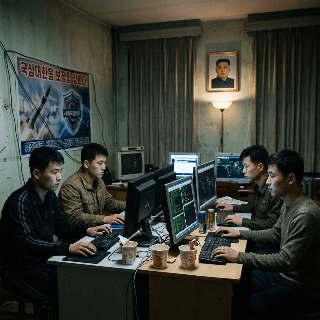 Four men sitting at desks using desktop computers in a dimly lit room with a portrait of Kim Jong-un on the wall