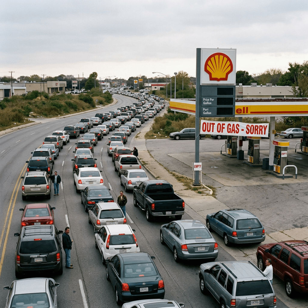 Long line of cars at gas station showing out of gas sign