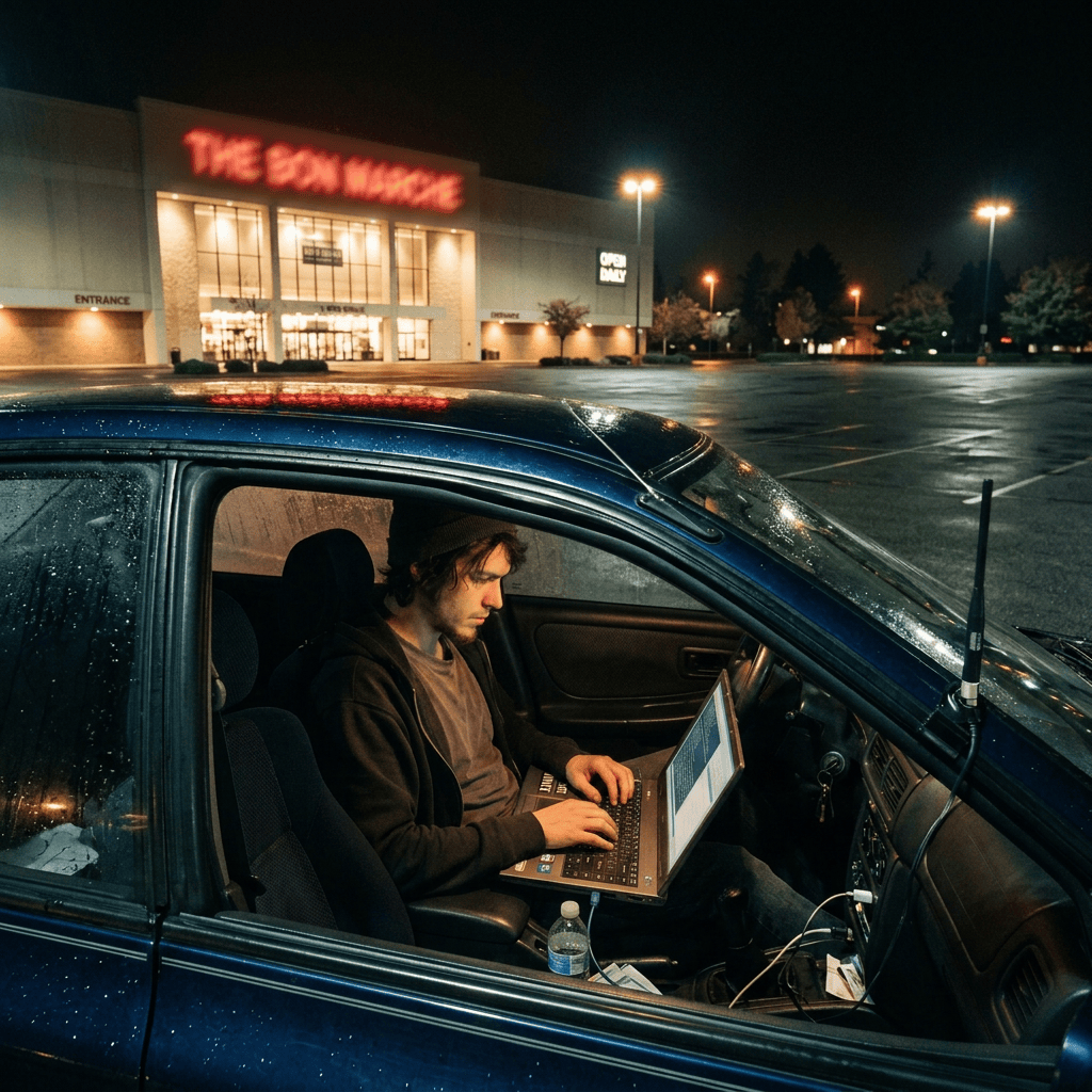 Hacker on Laptop outside department store